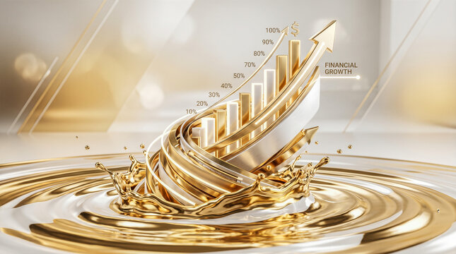 Dynamic upward pointing golden arrow rising from splashing liquid metal pool displaying financial growth percentage statistics representing successful business wealth investment strategy