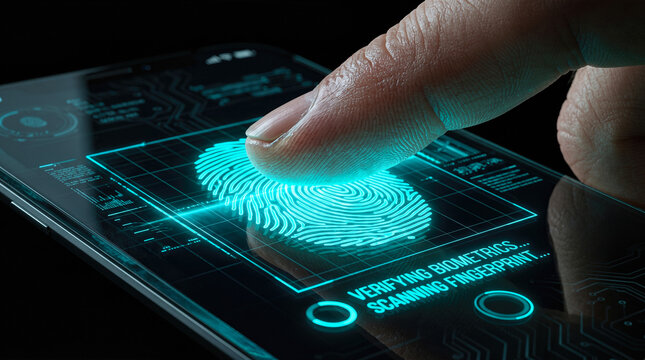 Human finger touching modern digital smartphone screen displaying bright glowing cyan biometric fingerprint security scan representing advanced personal private identity data protection