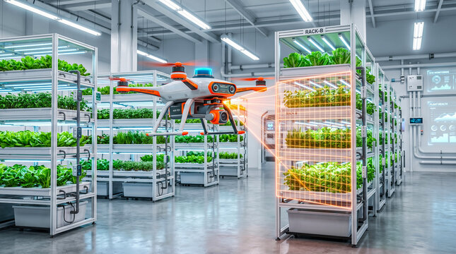 Advanced agricultural drone scanning fresh green plants inside modern bright indoor vertical hydroponic farming facility using glowing orange digital sensor grid