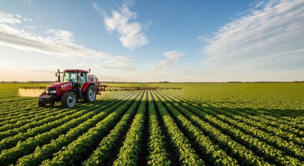 Obraz premium Red tractor spraying pesticides or fertilizers on a vast green agricultural field under a clear blue sky