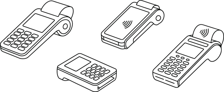 Payment terminal icons set. Isometric line art devices for contactless credit card checkout.