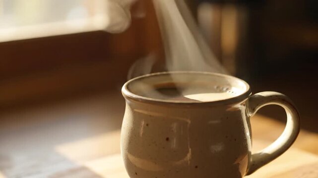 A close-up shot of a speckled ceramic mug filled with dark coffee, with wisps of steam rising gently in the warm sunlight filtering through a window