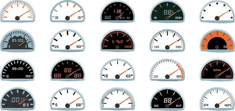 Variety of Speedometer Gauges: A collection of twenty different speedometer gauges, each displaying various speeds and metrics, presented in a clean, organized layout.
