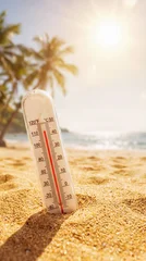 Beach on a hot summer day with sun and a thermometer. Extremely hot weather forecast. © Igor