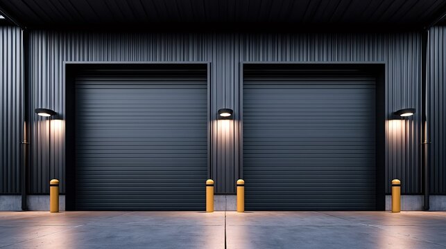 Industrial warehouse building showcasing two closed roller doors, illuminated by exterior lights, indicating secure storage, logistics, and distribution operations