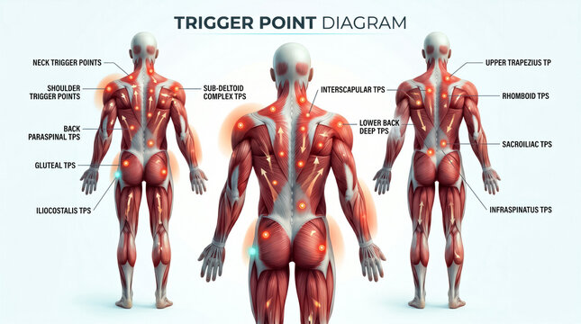 Detailed human anatomy diagram showing various trigger points on the back muscles with glowing markers for medical and educational purposes