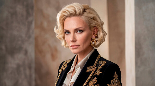 Sophisticated editorial portrait of a beautiful blonde woman with a classic wavy hairstyle, wearing a luxury black velvet jacket with intricate gold embroidery and statement earrings. Looking confiden