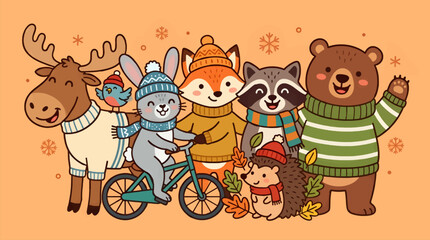 Obraz premium Cute Cartoon Winter Animals in Flat Design Style, Moose, Rabbit on Bicycle, Fox, Raccoon, Hedgehog, Bear, Bird, Festive Outfits, Snowflakes