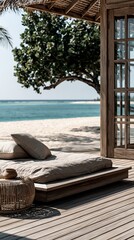 Obraz premium Serene beachfront villa daybed with tropical tree and ocean view, inviting relaxation and luxury vacation