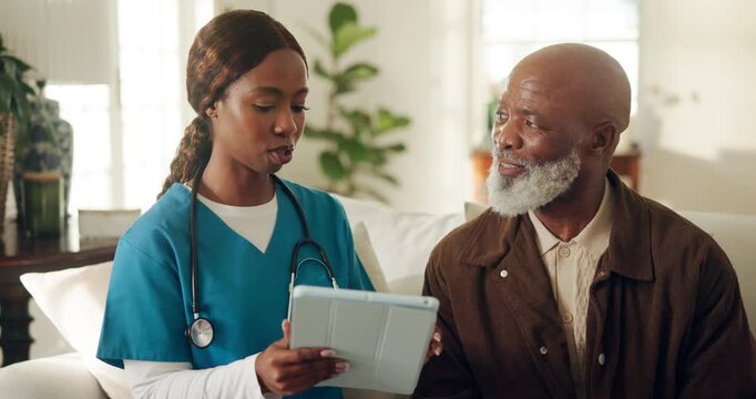 Nurse, tablet and consulting senior man in home for test results, homecare service or support. Black people, patient or caregiver with tech on sofa for retirement health, follow up or assisted living