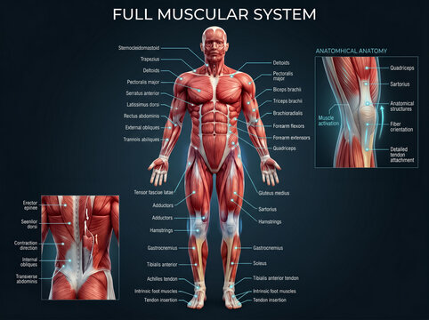 Detailed human muscular system chart featuring labeled anatomical structures of the entire body on a dark blue professional medical background