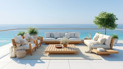 Obraz premium Luxurious Modern Outdoor Living Room Furniture Set with Ocean View