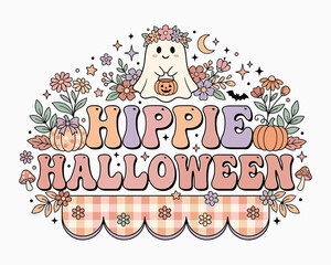 Fototapeta premium Hippie halloween skeleton graphic with floral pumpkins and ghost