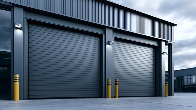 Industrial warehouse exterior featuring two large grey roller doors. Wall mounted lights. Yellow bollards. And corrugated metal siding under a cloudy sky. Representing commercial. Logistics