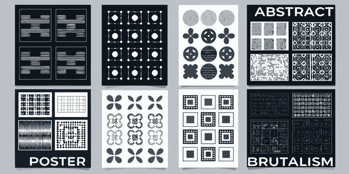 Brutalist abstract patterns in black and white a collection of geometric designs on a gray background