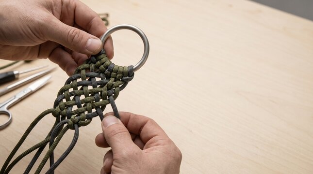 Close-up of male hands weaving a decorative paracord strap with olive green and grey cords around a metal ring on a wooden table