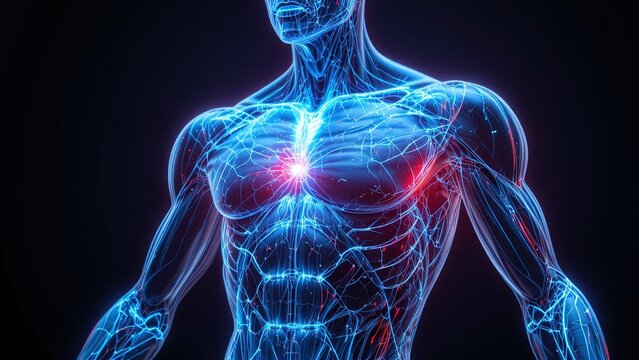 Glowing blue anatomical model of a human torso illuminates with vibrant energy pathways.