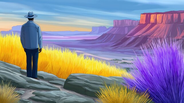 Adult man standing on rocky cliff overlooking colorful canyon landscape with yellow grasses and purple vegetation under dramatic sky Concept of reflection and perspective