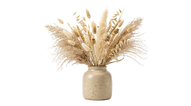 Dried pampas grass and wheat ears arrangement in a rustic ceramic vase on a transparent background set.