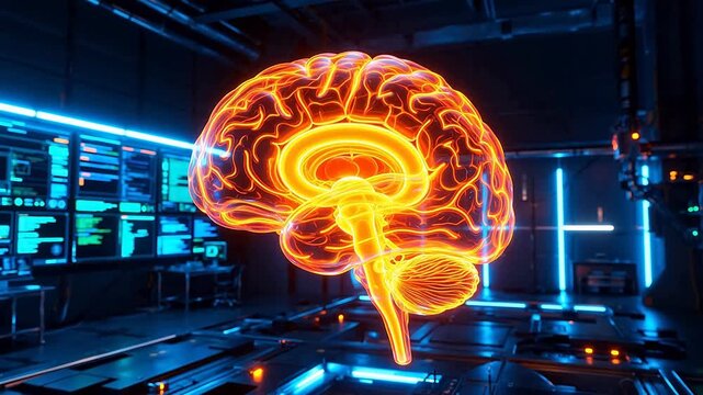 Glowing brain in futuristic lab