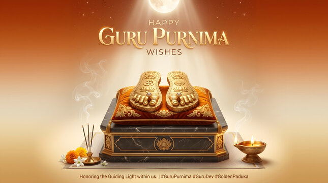 Happy Guru Purnima golden paduka worship banner with full moon spiritual greeting illustration design