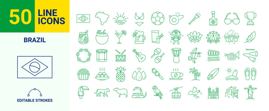 Brazil culture line icons set editable stroke vector
