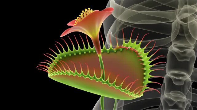 Medical X-Ray Style Scan of a Venus Flytrap Plant Catching Prey Before Blooming into a Flower in Slow Motion