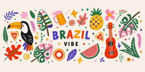 Brazilian themed floral ornament with tropical fruits musical instruments and wildlife illustration brazil tropics vector © Sudhakar