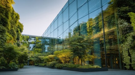Obraz premium Architecture a modern glass building with a lot of green plants trees and bushes for business architecture environmental friendly, design, exterior, sky, garden