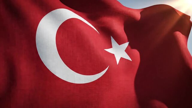 Waving Turkish flag against a bright sunny sky with sun flares