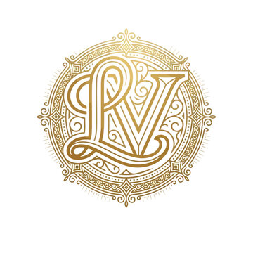 An ornate golden circular emblem showcases interlocking LV initials, representing an elegant luxury monogram template with intricate decorative flourishes against a white background