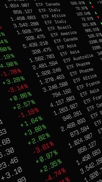 Stock sector ETF, stock market ETF , global investment opportunities, price up and down. Trading board, sheet with financial market ETF (exchange trading-fund) data, market overview, investment.