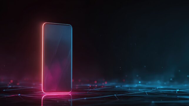 Smartphone on technology background. Neon glowing mobile phone on abstract dark background. Futuristic network connection