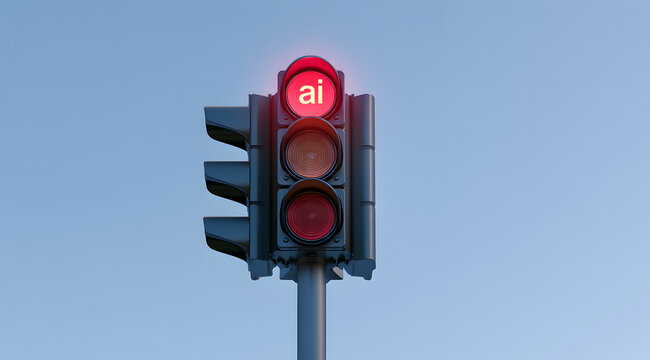 Traffic signal displaying a red light against a blue sky background, symbolizing artificial intelligence policies and safety ideas