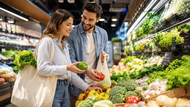 Young couple shopping for fresh produce in a modern grocery store together