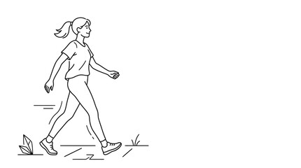 Obraz premium A minimalist line drawing depicts a healthy young woman enjoying a brisk walk outdoors, surrounded by grass and leaves, promoting an active lifestyle