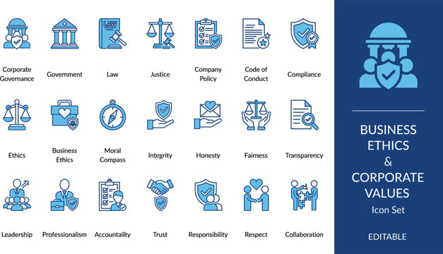 Business ethics icon set. Containing compliance, integrity, responsibility, trust, law, justice, honesty, leadership and more. Solid vector icons collection.