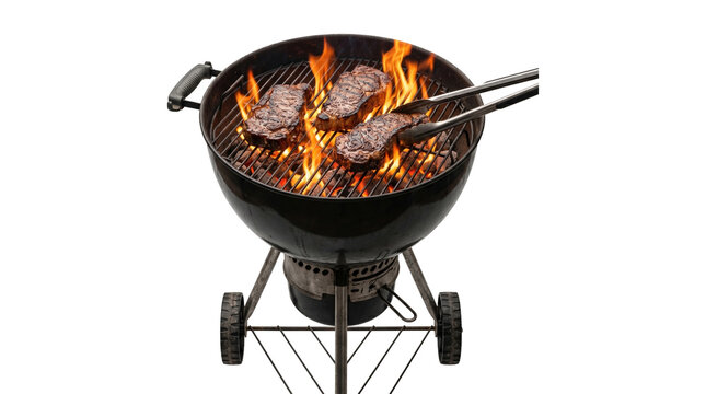 Round kettle grill with burning charcoal and three juicy beef steaks being flipped with cooking tongs.