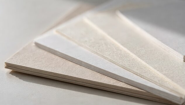 Closeup medium shot of FSC certified paper sample books in daylight with foreground samples detailed and rest blurred showcasing environmentally responsible fiber options.