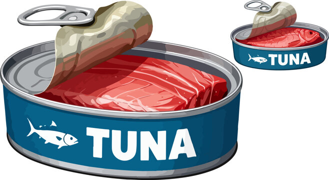 Canned tuna fish vector illustration, open metal tin with red tuna meat, blue seafood packaging design, realistic fish preserve product icon