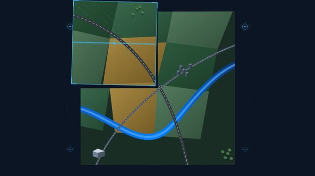 Abstract digital map interface with animated satellite navigation elements