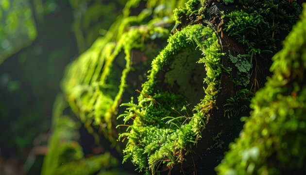 Green moss covered tree trunk nature scene