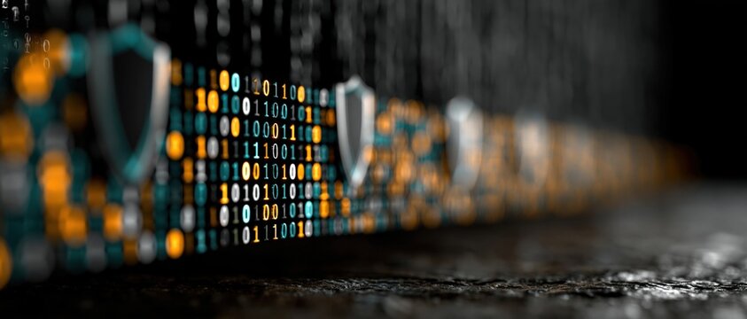 Digital stream of binary code and shields representing cybersecurity and data protection concepts