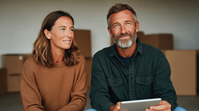 A thoughtful couple sits on the floor planning their furniture layout in a new apartment. Surrounded by moving boxes, they use a tablet and notebook for interior organization.