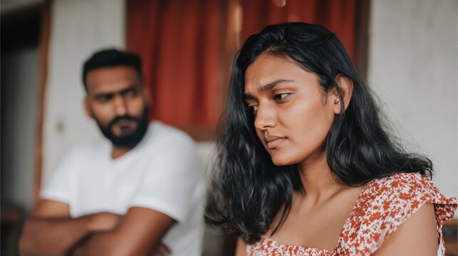 A couple sits quietly in a softly lit bedroom after an argument, each avoiding eye contact. The photorealistic scene captures relationship tension and emotional silence.