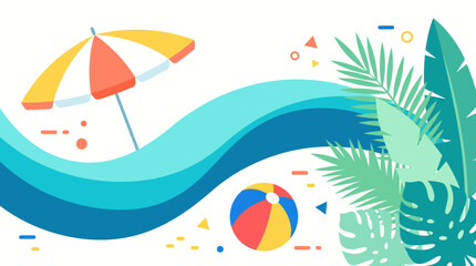 Fototapeta premium Abstract beach inspired composition with umbrella ball and palm leaves