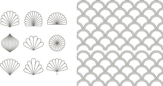 Gray scallop shell icons, seamless pattern, vector graphics, decorative elements