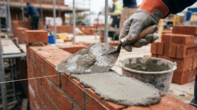 Closeup of a bricklayers hand using a trowel to apply mortar onto a brick wall at a construction site