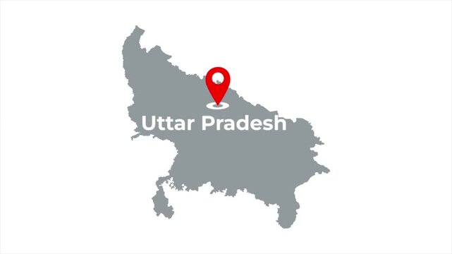 Uttar Pradesh India map animation featuring a grey state silhouette with a red location pin icon and blinking target dot on a white background