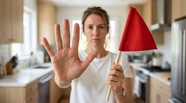 Woman holding a red flag and making a stop gesture. generated-AI